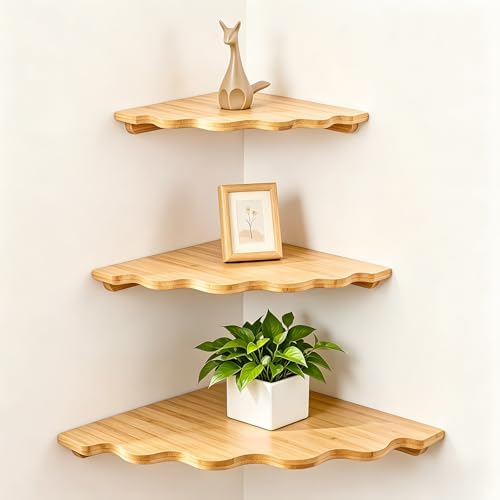 Fantasyon Corner Floating Shelf Wall Mount, Set of 3 Floating Corner Shelves, Bamboo Wood Corner Hanging Shelves with Co