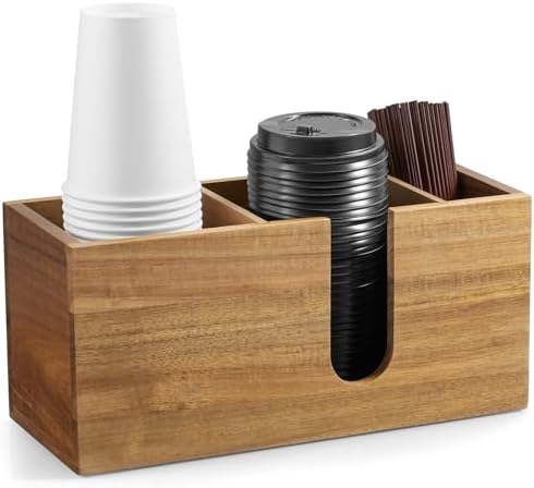 ALELION Large Acacia Wood Coffee Cup Organizer for Disposable Cups, Lids and Stir Sticks - 3-Compartment Countertop Cup 