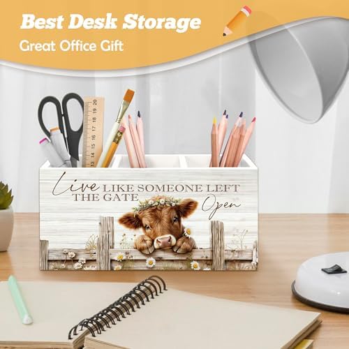 Inspirational Highland Cow Pen Holder Organizer for Desk Accessories, Live Like Someone Left the Gate Open Wooden Box Sign Desk Decorations for Home Bedroom Office Decor, Highland Cow Gifts
