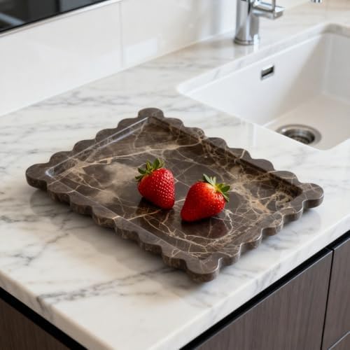 Natural Scalloped Marble Tray 10.7"x7.87",Rectangle Tray for Bathroom Kitchen Counter, Decorative Tray for Dresser (Coff