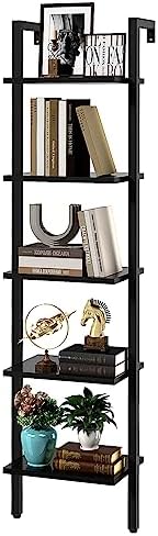 YMYNY 5 Tiers Narrow Ladder Bookcase, Industrial Wall Mounted Bookshelf, Open Display Rack with Metal Frame, Wooden Stor