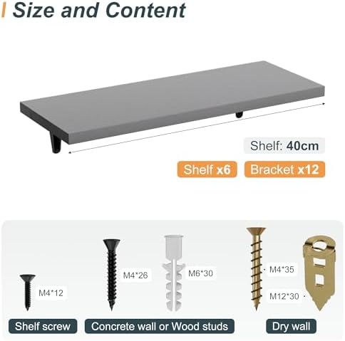 SKYSEN Floating Shelves for Wall Set of 6, 15.7in Wood Wall Shelf for Decor, Bathroom, Bedroom, Storage, Book,Kitchen, L