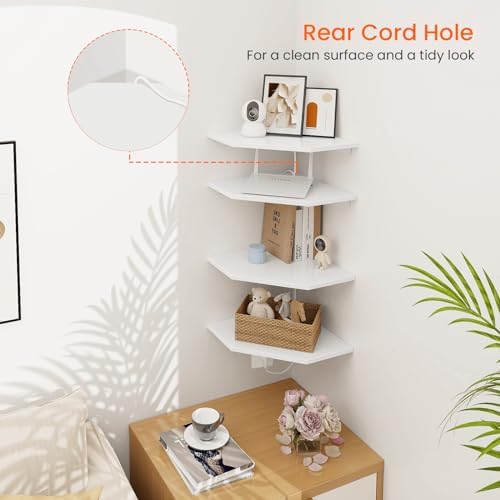 Homode Corner Wall Shelf, Corner Shelf Floating, Set of 4 Wooden Hanging Corner Shelves with Wire Hole for Bathroom Livi