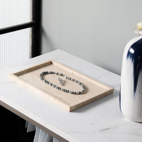 Marble Vanity Tray, 12 Inch Rectangular Travertine Tray for Bathroom Countertop Dresser, Large Marble Tray for Kitchen, 
