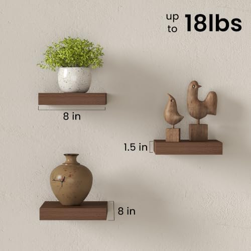 8" Long x 8" Deep Floating Shelves for Wall, Set of 3, 1.5" Thick, Walnut