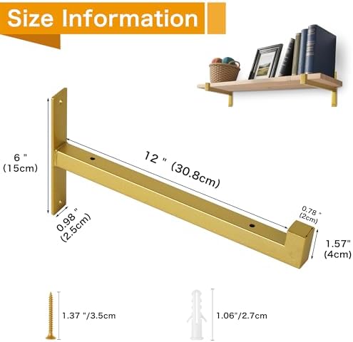 EZYDECOR 6 Pack Heavy Duty Shelf Brackets with Lip 12 Inch Gold