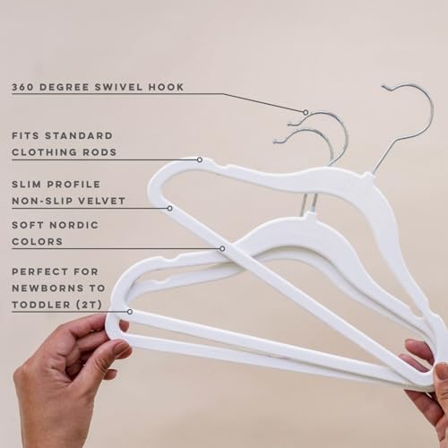 3 Sprouts Velvet Baby Hangers, Non Slip Slim, White, 30 Pack