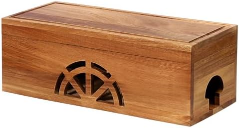 Wood Cable Management Box - 15.8" (L) x 6" (W) 5.5" (H) Acacia Wood Cable Hider Box, Cord Hider with Magnet Design & Out