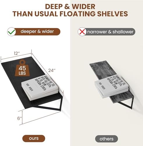 Heimlove 24W x 12D Deep Floating Shelves Set of 2 Black