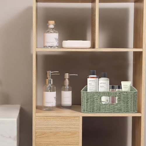 Rectangular Woven Paper Rope Storage Baskets for Shelves(Green)