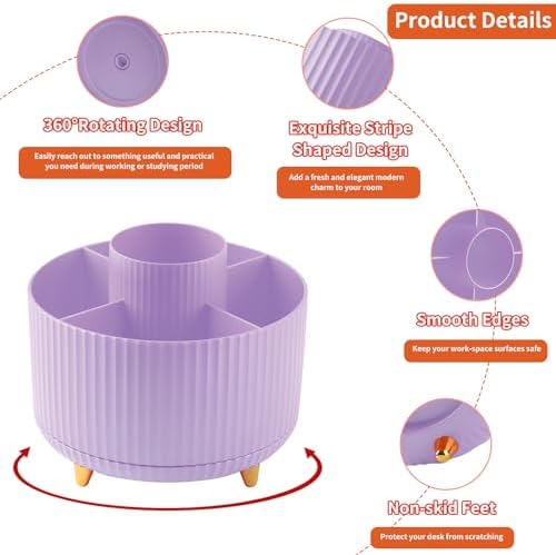 Desk Pencil Pen Holder, 5 Slots 360°Degree Rotating Pen Organizers for Desk, Desktop Storage Stationery Supplies Organizer, Cute Pencil Cup Pot for Office, School, Home, Art Supply, Purple