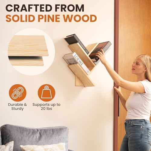 Tree Bookshelf, 3-Tier Wall Mounted Natural Book Organizer - Solid Pine Wood Shelf for Bedroom
