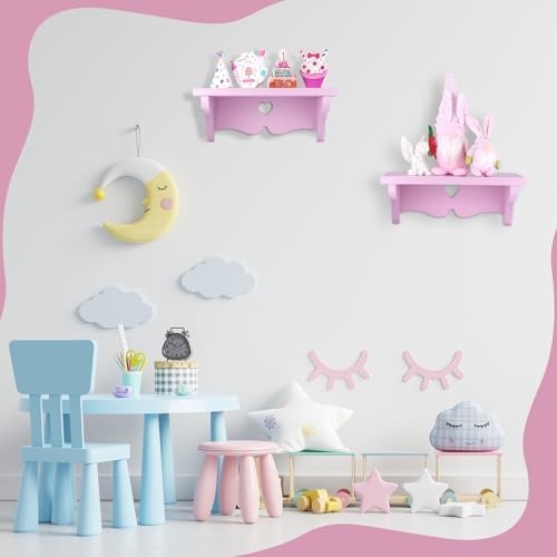 2 PCS Pink Heart Floating Shelves Kawaii Decorative Wooden Shelf Wall Mounted Storage Rack Book Stand for Princess Room 