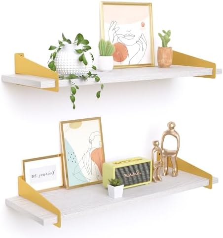 upsimples Wall Shelves for Decor, Long White Gold Floating Shelves Wall Mounted Set of 2, Sturdy Rustic Wood Shelves Han