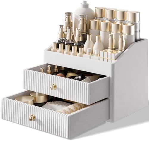LADSTAG Makeup Organizer Countertop,Leather Makeup Storage with 2 Drawers,Large Capacity Beige White Make up Organizers 