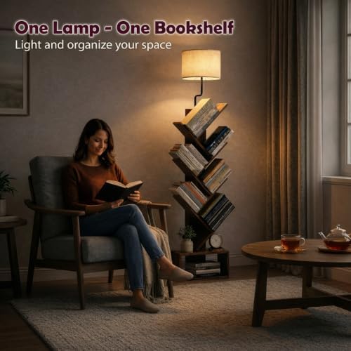 XBurmo 6 Tier Tree Bookshelf with Lights - Small Bookcase, Compact Book Tower with Drawer, Corner Bookshelf for Bedroom,