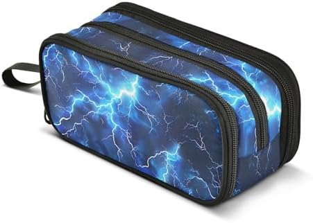 Blue Electric Lightning Pencil Case Box Boys Girls Large Pencil Pouch Zipper Compartments Big Capacity Stationery Pen Bag Organizer for Kids Teens Adults School Office