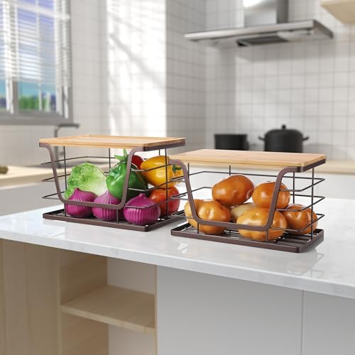 ALOCEO 2 Pack Stackable Wire Storage Basket with Bamboo Lid, Trash Bag Dispenser Under Sink for 4-13 Gal Bags, Kitchen S