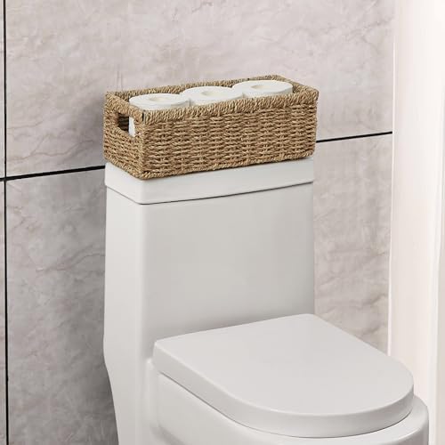 Vagusicc Wicker Storage Basket, Hand-Woven Seagrass Wicker Baskets with Handles, Toilet Paper Basket for Toilet Tank Top, Small Wicke Baskets for Organizing Shelves, 2-Pack, Seagrass