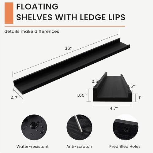 FLYJOE Picture Ledge Shelf Wall, 36 inch Solid Ash Wood Nursery Book Shelves 2 Packs, Floating Ledge Shelves for Kids' Room Bedroom Bathroom Living Room Photo Frames Office Nursey Wall Decor, Black
