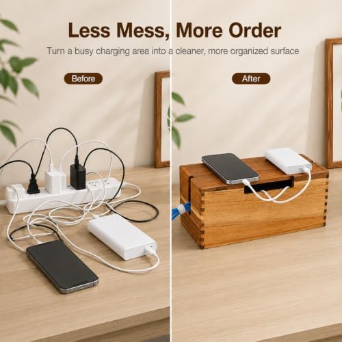 Acacia Wood Cable Management Box,Office Under Desk Cable Storage Box for Wire, Cord Hider Organizer for Power Strip, Ele