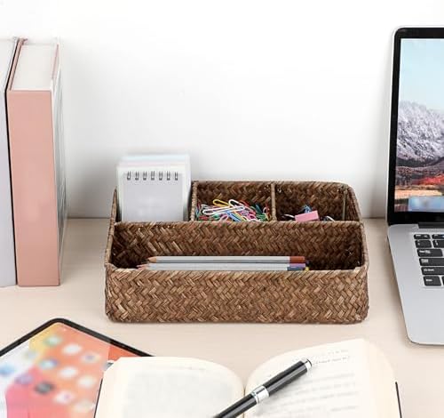 BTSKY Desk Drawer Organizer Tray, Coffee Station Organizer Tea Bag Organizer, Woven Seagrass Storage Basket with 4 Divided Sections Handwoven Wicker Basket for Shelves, Pantry, Coffee Bar (Coffee)