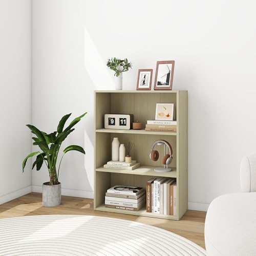 Wood Standing Book Shelf, Three Tier Open Shelf Bookcase, Wide Bookshelf for Living Room, Office, Bedroom, Milky White