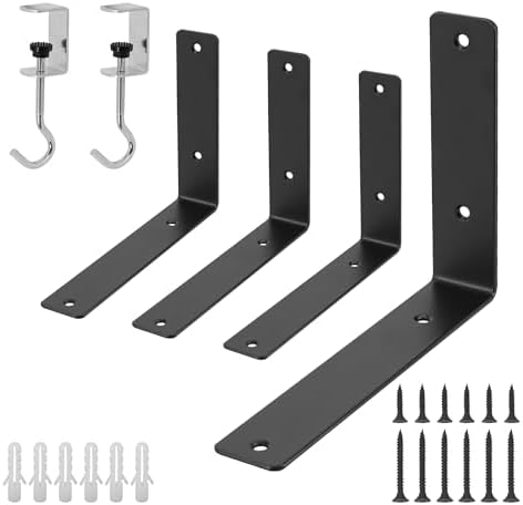 L Floating Shelf Brackets,4 Pack Heavy Duty L Brackets for Shelves, L 8" X H 6" Black Metal Countertop Support Brackets,