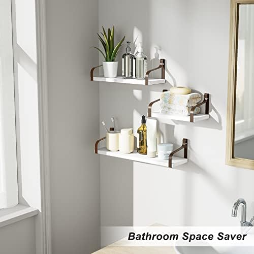 Love-KANKEI Floating Wall Shelves,Solid Wood/Metal Bracket,White Brown