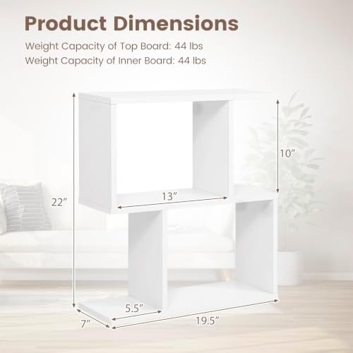Tangkula 2 Tier Geometric Bookshelf, Freestanding Wood Display Shelf, Home Office Room Divider S Shaped Open Bookcase, S