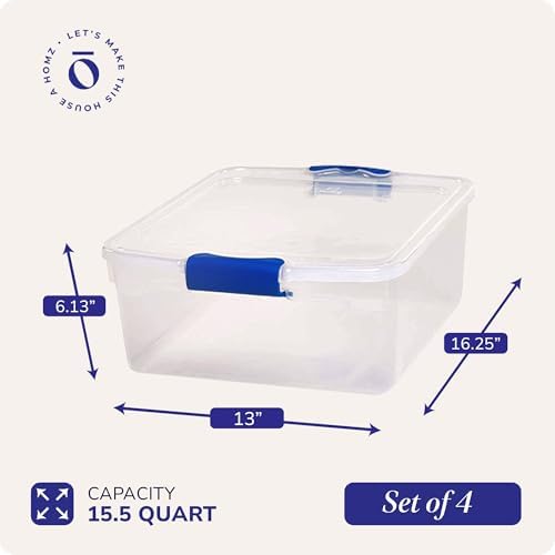 HOMZ Clear Plastic Storage Bins with Latching Lid, 15.5 Qt, Blue, 4 Pack