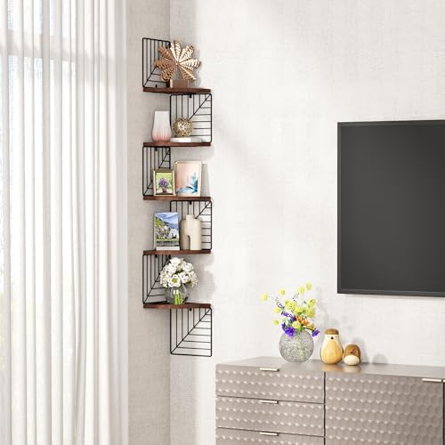 Love-KANKEI Corner Wall Shelf 5 Tier,Solid Wood with Bracket,51"Tall,Walnut