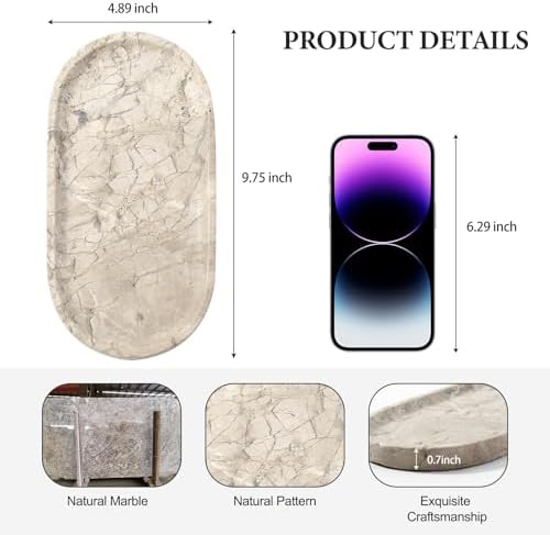 Koville Natural Silver Pearl Marble Decorative Tray, 10" x 5" Marble Vanity Tray for Bathroom Countertop Organizer Stone