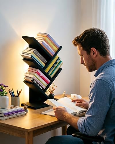 Small Bookshelf with Liting,5-Tier Wood Black Bookshelf,Desktop BookShelf