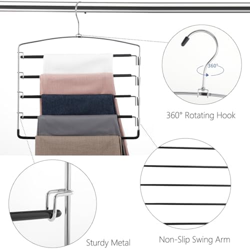 FeeraHozer Pants Hangers Non Slip 3 Pack Space Saving Hangers Multi-Layer Swing Arm Pants Hanger Stainless Steel Space Saver Hanger Closet Storage Organizer for Jeans Trouser Slacks Clothes (Black)