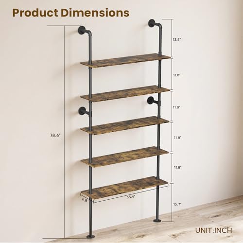 Merapi 5 Tier Rustic Industrial Pipe Floating Wall Shelves
