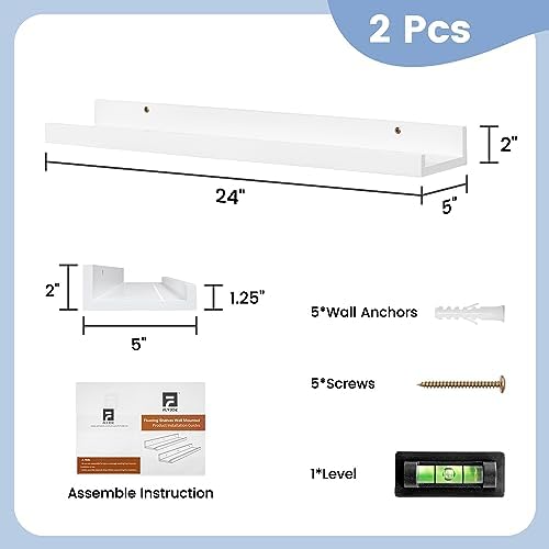 Picture Ledge Shelf for Wall, 24 inch Solid Pine Wood Nursery Book Shelves 2 Packs, Floating Ledge Shelves for Kids' Room Bedroom Bathroom Living Room Photo Frames Office Nursey Wall Decor, White
