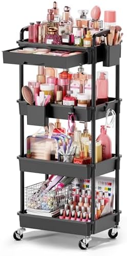 Goovilla Rolling Makeup Organizer Cart with Removable Drawer, 4 Tier Black