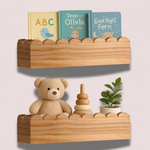 Scalloped Shelves - Set of 2 Pre-Assembled 15.6inch Floating Nursery Book Shelves, Scalloped Book Shelf - Kids Wall Bookshelf, Nursery Decor, Floating Shelves for Wall