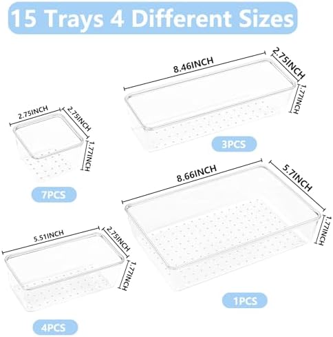 15 PCS Clear Drawer Organizer Set, 4 Sizes Desk Drawer Storage Bins, Divider Trays for Makeup, Vanity, Bathroom, Kitchen, Office