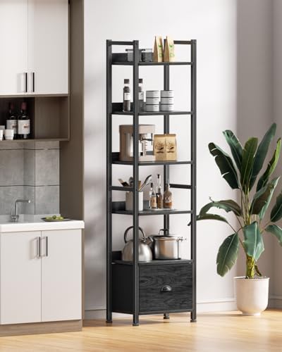Furologee 6 Tier Bookshelf with Drawer, Tall Narrow Bookcase, Black Oak
