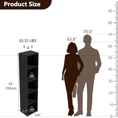 5-Tier Wooden Cube Storage Organizer, 52 Inch Tall Bookcase & Display Shelf with 5 Open Cubes, Freestanding DIY Closet S