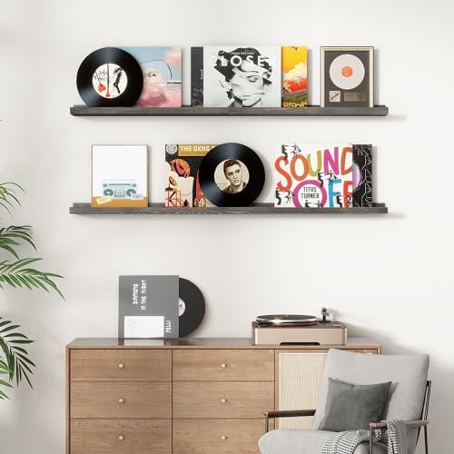 FLYJOE Picture Ledge Shelf, Floating Shelves Set of 2, Solid Pine Wood 55'' Long Large Nursery Book Shelves for Toys Storage, Kids Bookshelf for Living Room Bedroom Decor Books Photo Frames, Grey