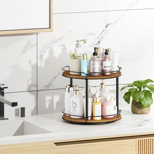 12.4" Lazy Susan Organizer 2 Tier, Rotating Spice Rack, Wooden Spinning Spice Holder for Inside Cabinet, Pantry, Kitchen