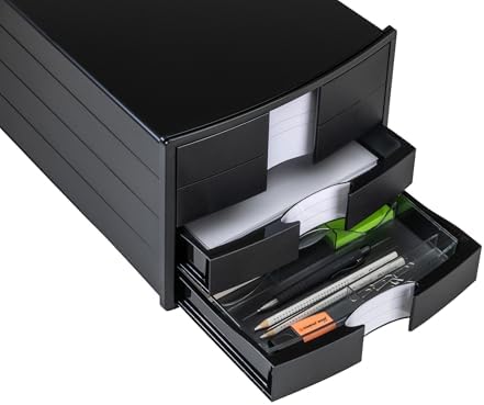 HAN IMPULS 2.0 Drawer Box with 3 Closed Drawers for DIN A4/C4 Including Labels/Document Box/Base with Pull-Out Lock/Rubber Feet/Black