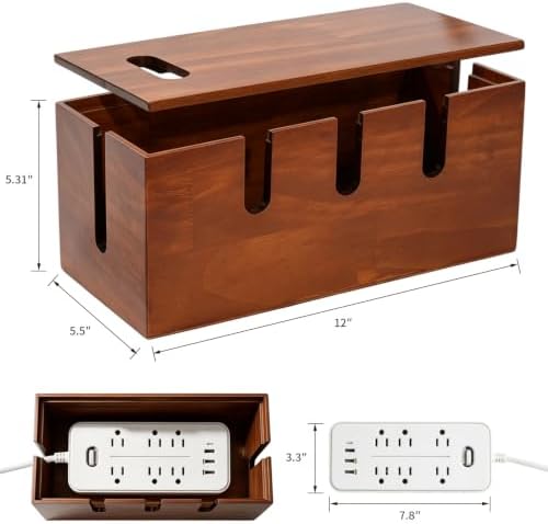 Wooden Cable Management Box, Power Strip Cord Hider with 5 Cable Slots