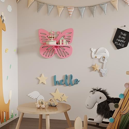 Pink Butterfly Shaped Floating Shelf for Girl’s Room, Cute Wall Display Rack for Nursery Decor, Small Decorative Shelf W