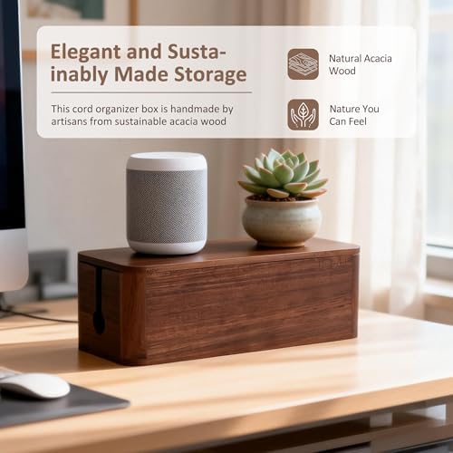 Large Acacia Wood Cable Management Box - Cord Hider&Organizer for TV Wires