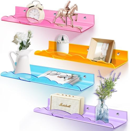 Rainbow Acrylic Floating Shelves, Wall Mounted, 15in, 4 Pack, Mix