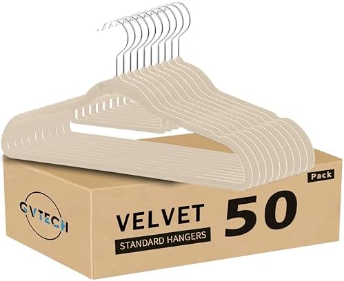 GVTECH Premium Velvet Hangers, [50 Pack] Non Slip and Heavy Duty Velvet Suit Hangers (45cm) with Tie Bar, 360° Swivel Hooks, Sturdy to Hold Jumper, Pullovers, Jackets & Hoodies (50 Pack, Ivory)